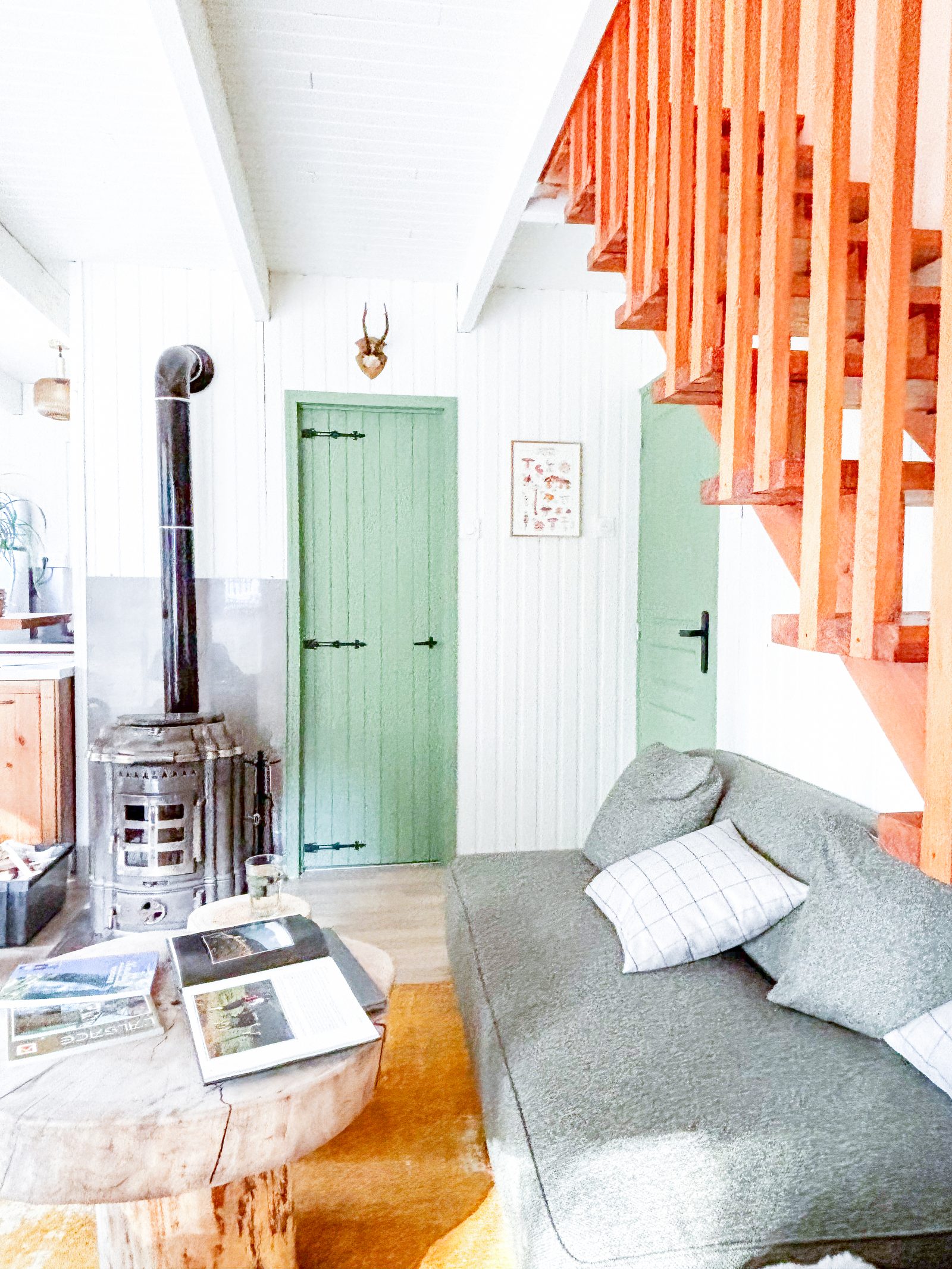 Houtkachel en grüne Türen